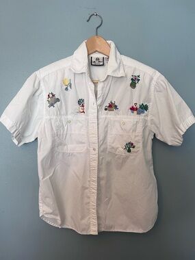 Vintage Bill Blass Short-Sleeve Button-Down Shirt with Garden Embroidery